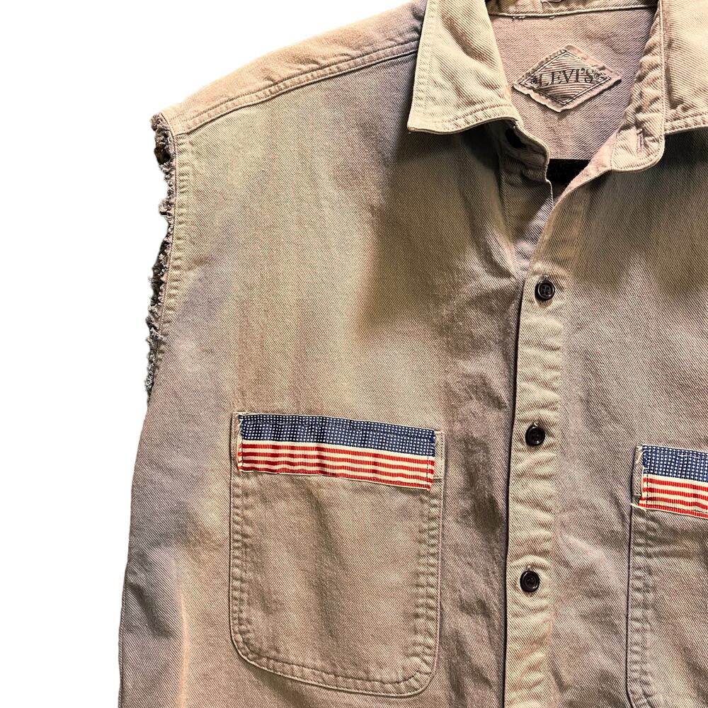 Vintage 80's Levi Union Steel Workers Button Down Sleeveless Shirt Large - Picture 3 of 10